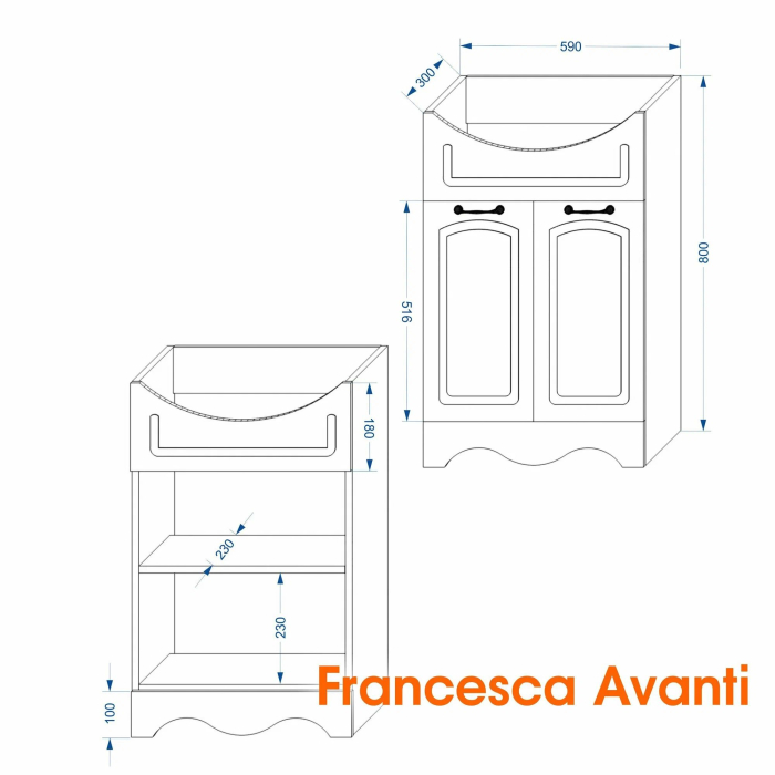 Тумбы с раковиной для ванны, Тумба с раковиной Francesca Avanti Империя 60, 2 двери, с подсветкой (ум. Уют 60)