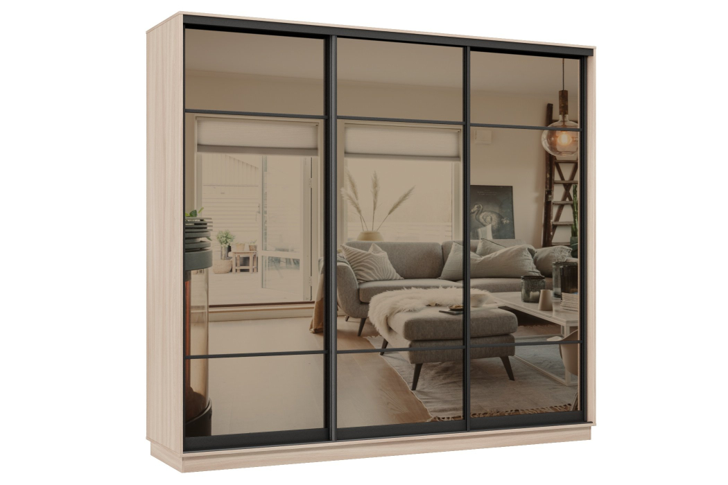 Шкафы-купе 3-х дверные, Шкаф-купе Премьер 36 (11ЗБ;11ЗБ;11ЗБ) фасады зеркало бронза/трёхдверный/Профиль чёрный муар