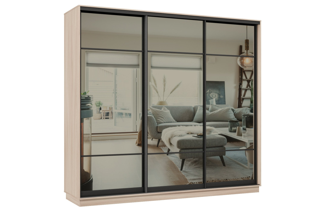 Шкафы-купе 3-х дверные, Шкаф-купе Премьер 59 (11ЗГ;11ЗГ;11ЗГ) фасады зеркало графит/трёхдверный/Профиль чёрный муар