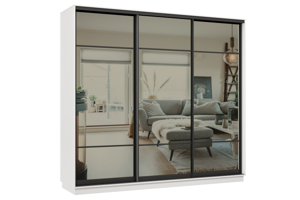 Шкафы-купе 3-х дверные, Шкаф-купе Премьер 57 (11ЗГ;11ЗГ;11ЗГ) фасады зеркало графит/трёхдверный/Профиль чёрный муар