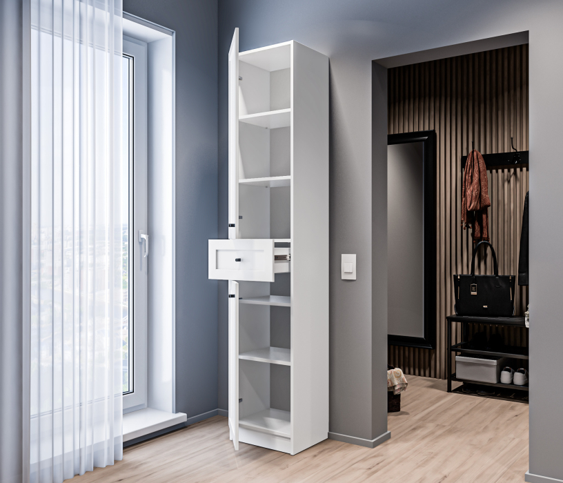 Прямые, Стеллаж Твин СБ-3372 Белый с глухим фасадом и ящиком