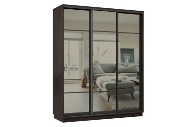 Шкаф-купе Премьер 23 (11ЗГ;11ЗГ;11ЗГ) фасады зеркало графит/трёхдверный/Профиль чёрный муар