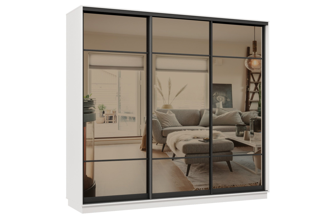 Шкафы-купе 3-х дверные, Шкаф-купе Премьер 34 (11ЗБ;11ЗБ;11ЗБ) фасады зеркало бронза/трёхдверный/Профиль чёрный муар