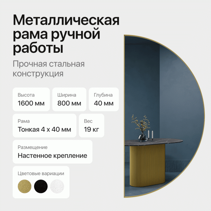 Зеркала в спальню, Зеркало рамное настенное в виде полукруга RONTUS M, 160*80 см