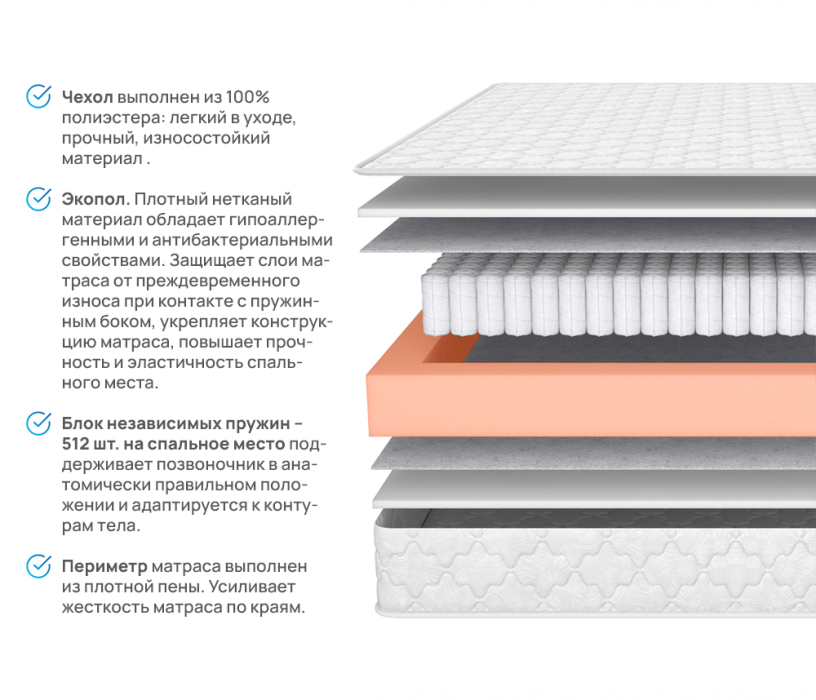 800 x 2000, Матрас ARMOS Сонплит (Трикот белый) 80х200 см