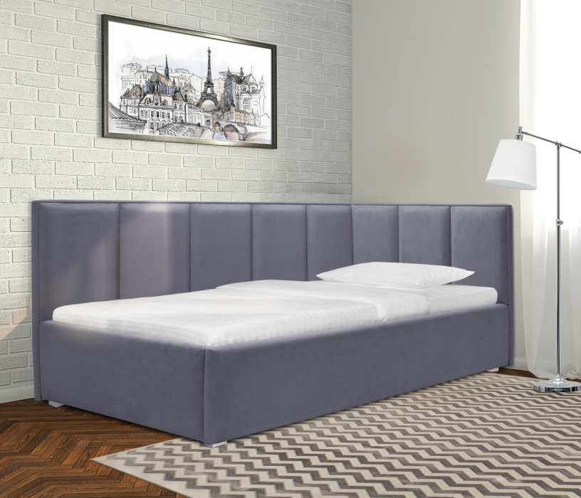 Мягкая кровать, Кровать с мягким изголовьем угловая Лайф 140 с подъемным механизмом, микровелюр