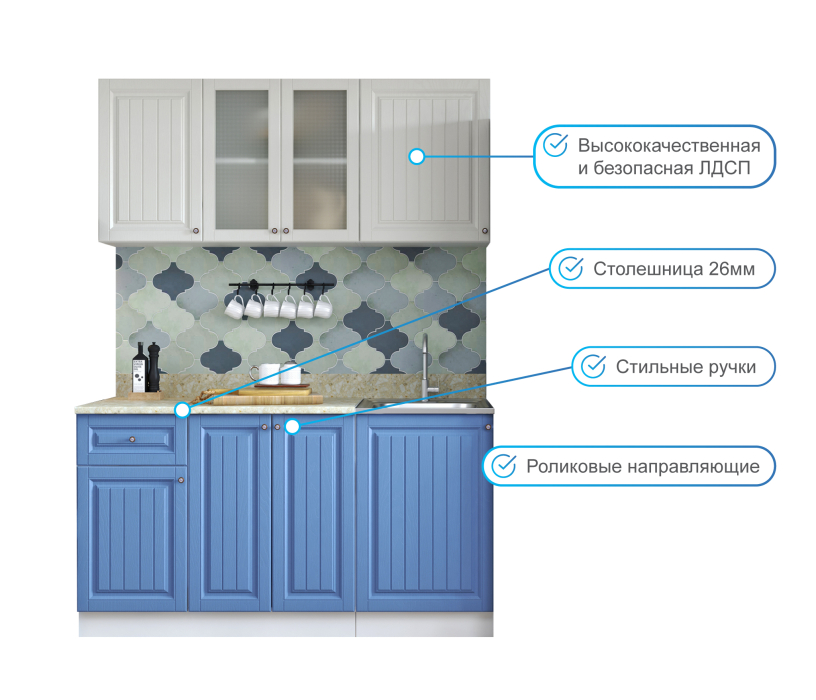 Кухонные гарнитуры, Кухня Хозяюшка 1,5 м Акация белая/Деним МДФ
