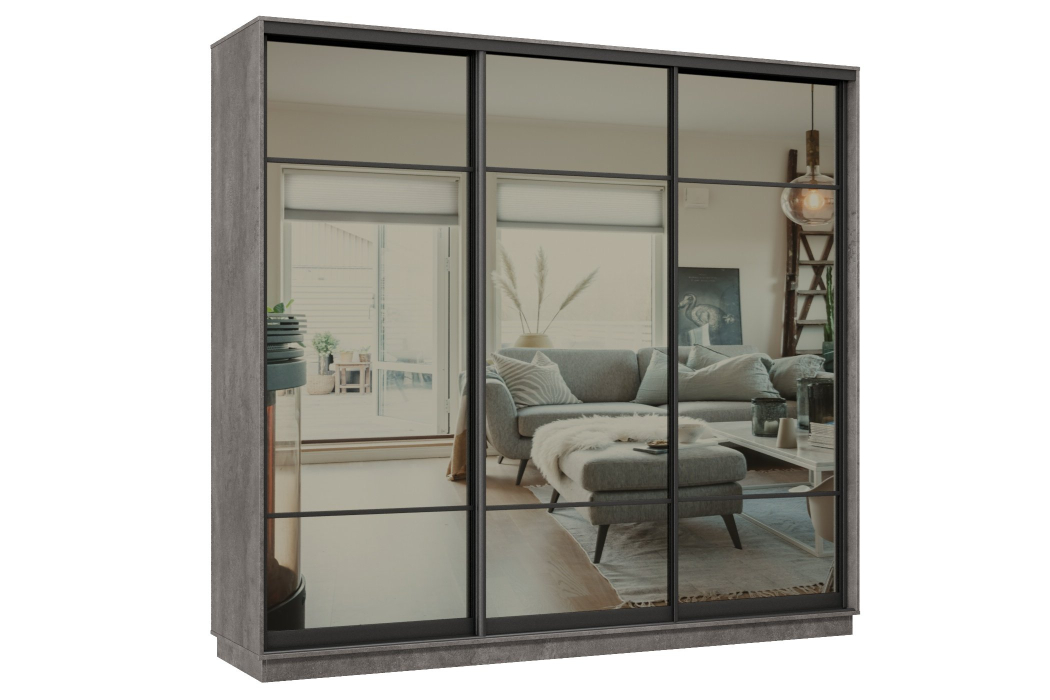 Шкафы-купе 3-х дверные, Шкаф-купе Премьер 33 (11ЗГ;11ЗГ;11ЗГ) фасады зеркало графит/трёхдверный/Профиль чёрный муар