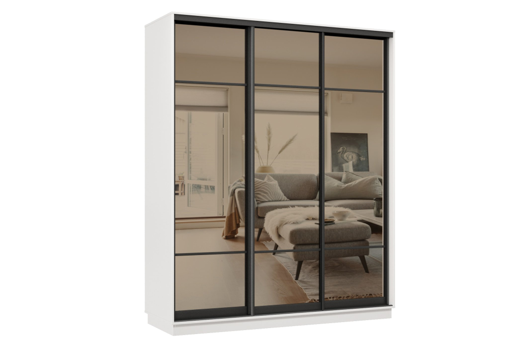 Шкафы-купе 3-х дверные, Шкаф-купе Премьер 23 (11ЗБ;11ЗБ;11ЗБ) фасады зеркало бронза/трёхдверный/Профиль чёрный муар