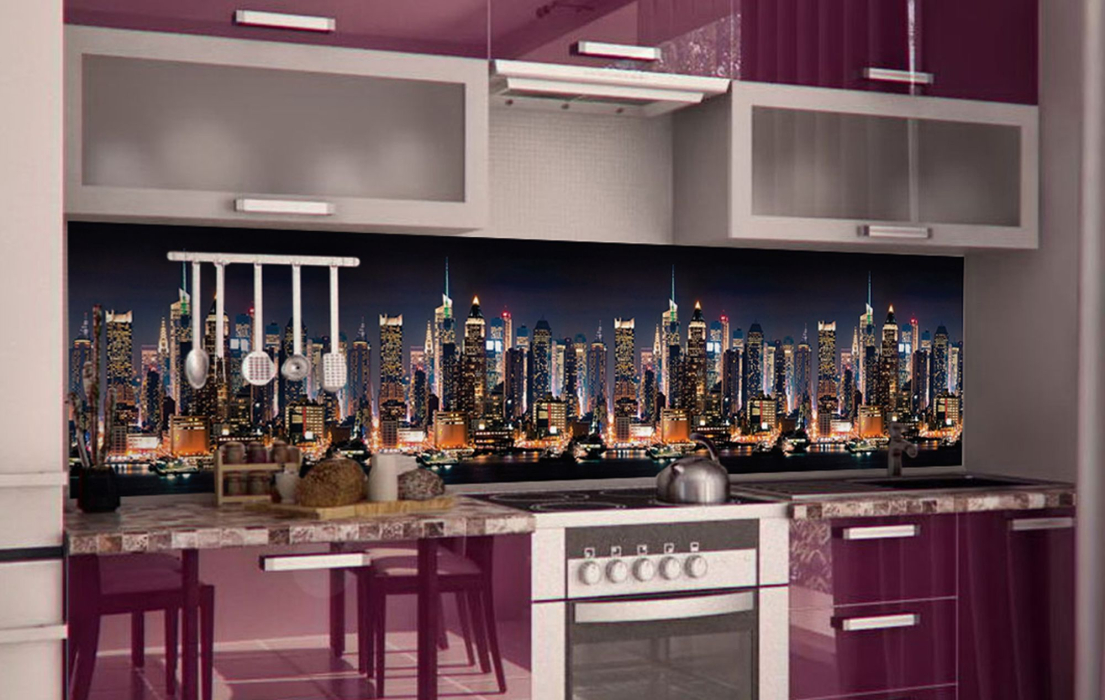Стеновые панели из АБС-пластика, Кухонный фартук Ночной город 3000x600x1.5 мм глянец