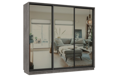Шкаф-купе Премьер 33 (01ЗГ;01ЗГ;01ЗГ) фасады зеркало графит/трёхдверный/Профиль чёрный муар
