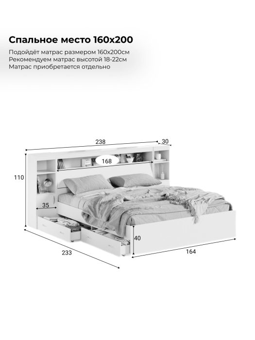 Кровати, Кровать Виктория XL с прикроватным блоком, ящиками и тумбами 160х200